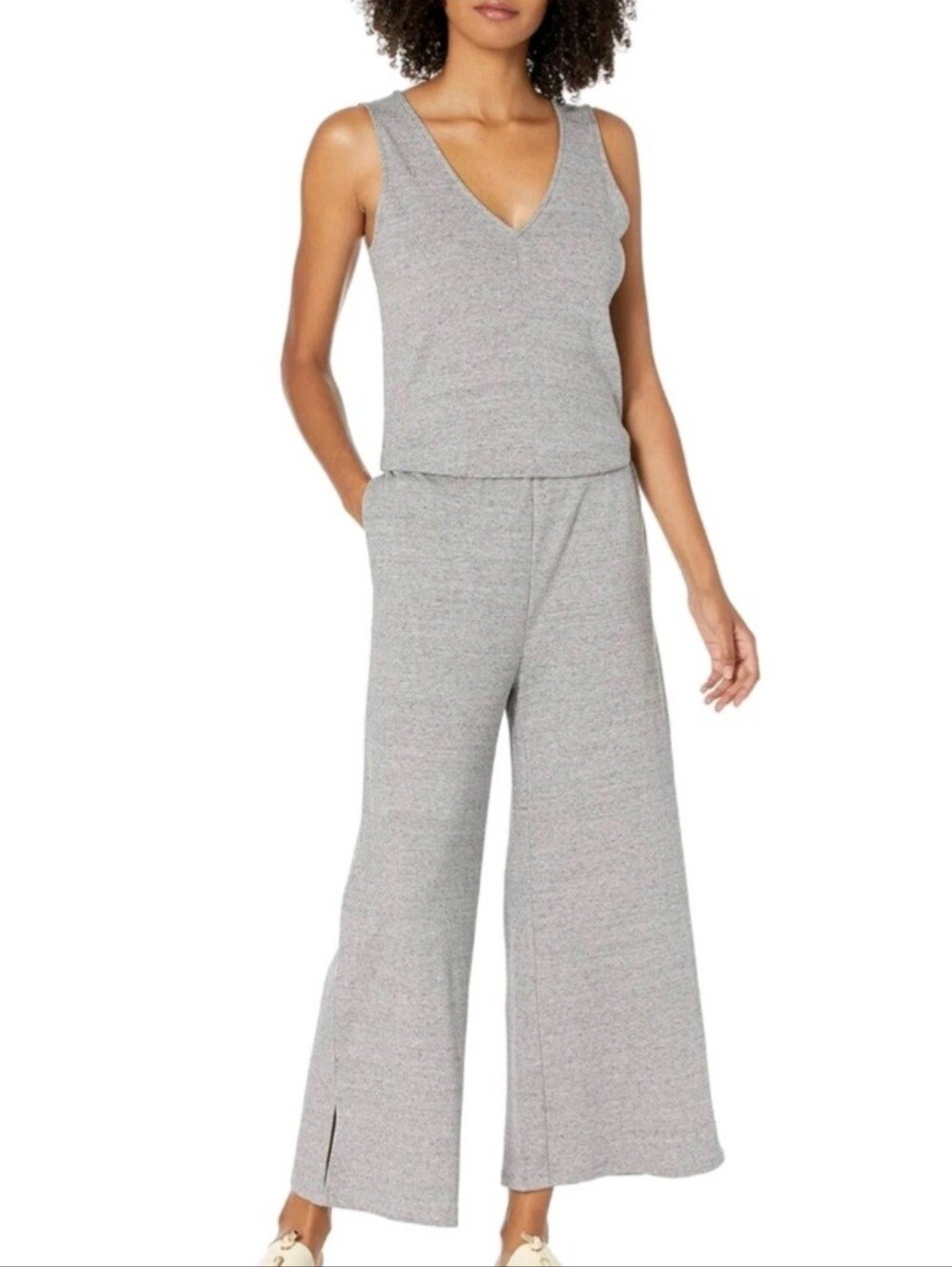 Daily Ritual Sleeveless V-Neck Wide-Leg Dressy Knit Jumpsuit - Gray Medium